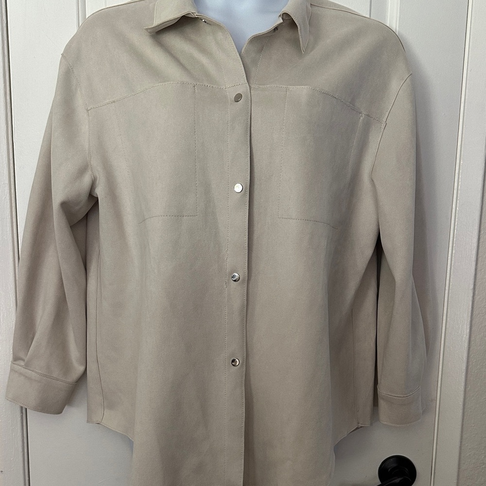 Beige Button-Up Faux leather suede Shirt